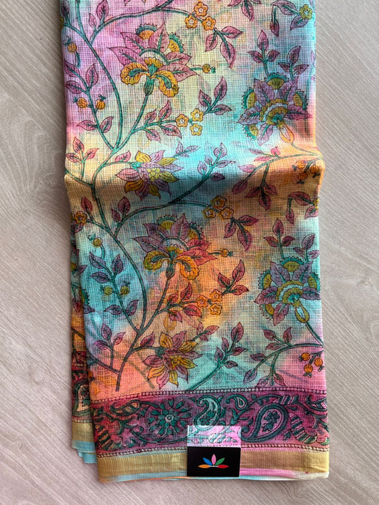 Multi Color Hand Block Printed Multi Colour Kota Silk Saree-24200