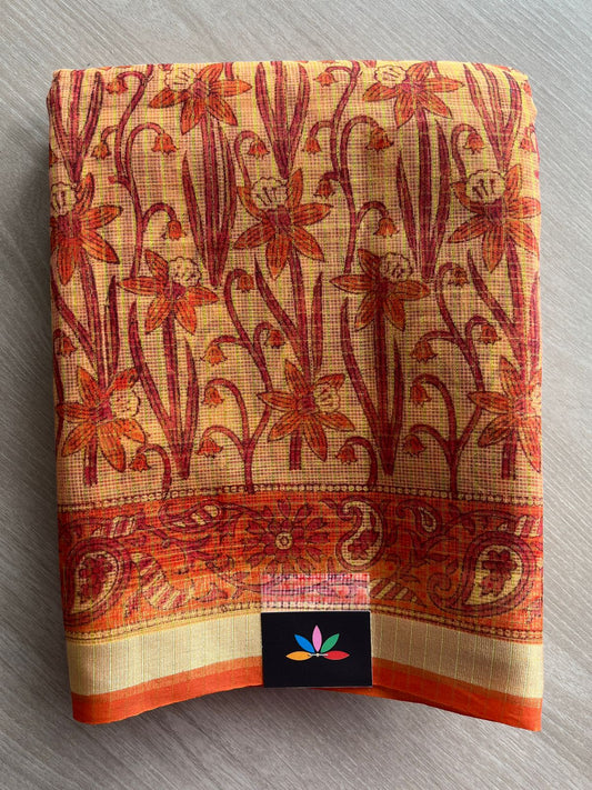 Mustard Yellow Printed with Checks Blended Kota Saree -24290
