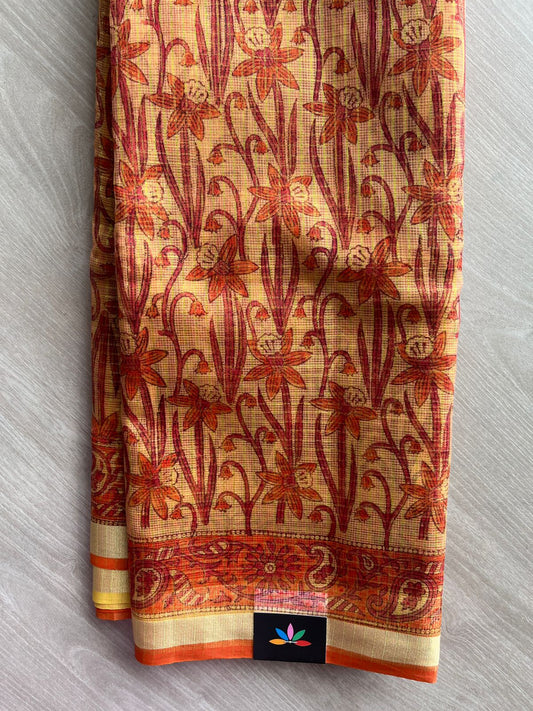Mustard Yellow Printed with Checks Blended Kota Saree -24290