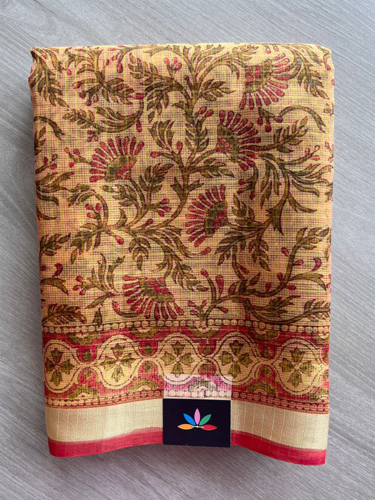 Mustard Yellow Printed with Checks Blended Kota Saree -24293