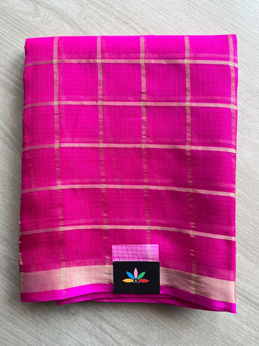 Bright Pink Checked Kota Silk Saree - 28271