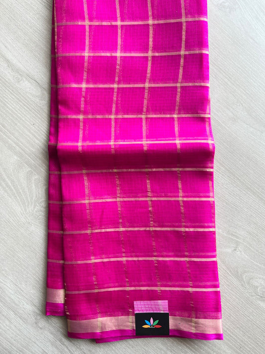 Bright Pink Checked Kota Silk Saree - 28271