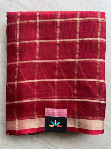 Deep Red Checked Kota Silk Saree - 28273