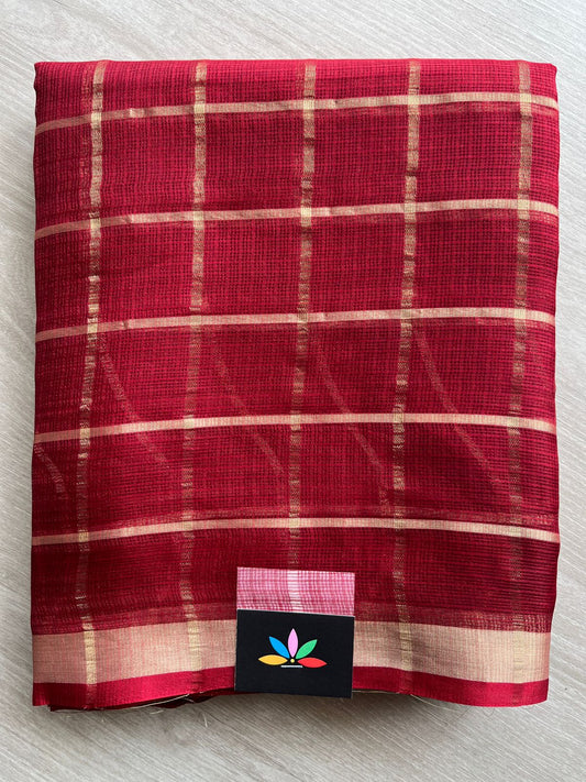Deep Red Checked Kota Silk Saree - 28273