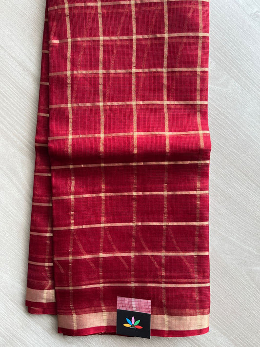 Deep Red Checked Kota Silk Saree - 28273