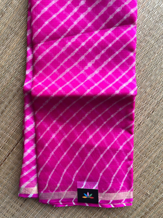 Bright Rani Pink with White Stripes Leheriya Kota Silk Saree -30714