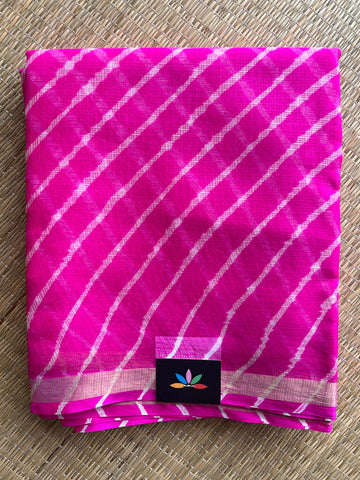 Bright Rani Pink with White Stripes Leheriya Kota Silk Saree -30714