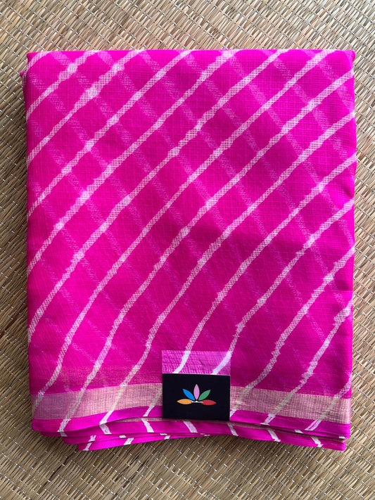 Bright Rani Pink with White Stripes Leheriya Kota Silk Saree -30714