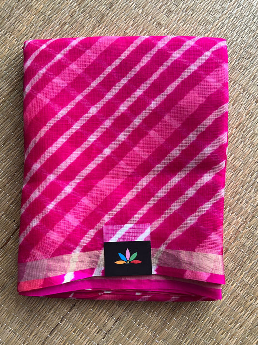 Vivid Pith with White Stripes Leheriya Kota Silk Saree -30716