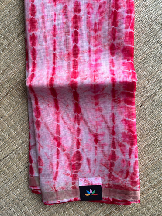 Off White & Bright Red Shibori Printed Kota Silk Saree- 30719