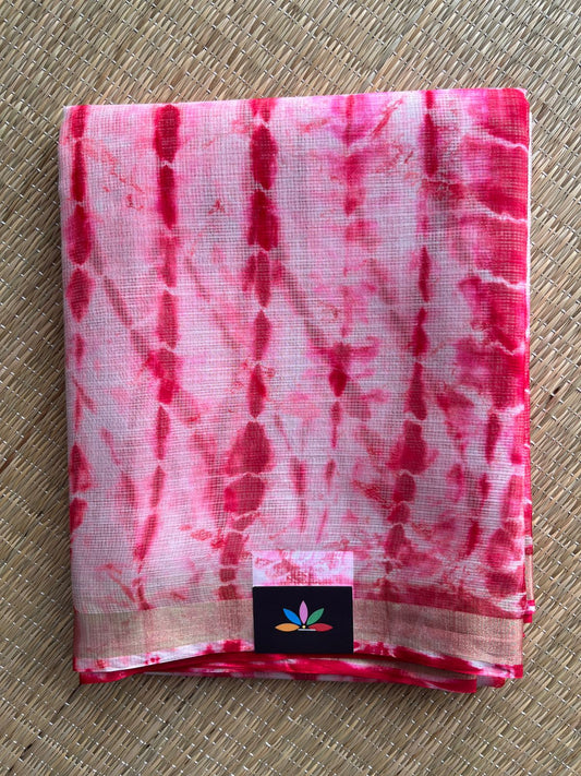 Off White & Bright Red Shibori Printed Kota Silk Saree- 30719