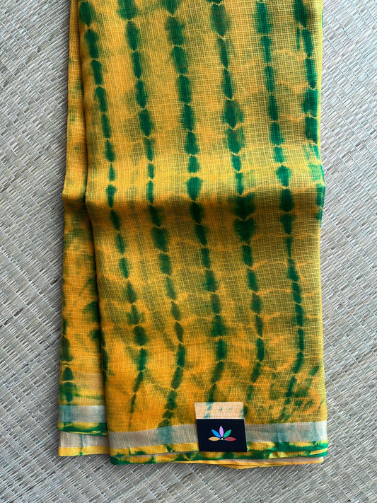Mustard Yellow & Emerald Green Shibori Printed Kota Silk Saree- 30720