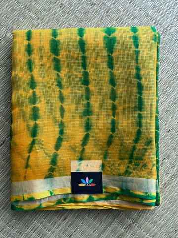 Mustard Yellow & Emerald Green Shibori Printed Kota Silk Saree- 30720