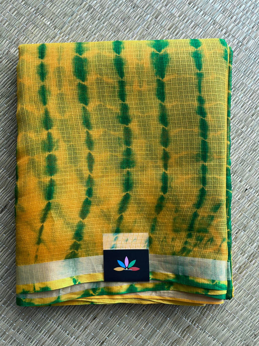 Mustard Yellow & Emerald Green Shibori Printed Kota Silk Saree- 30720