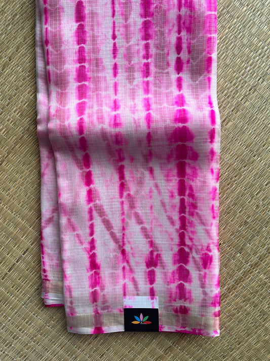 Off White & Bright Pink Shibori Printed Kota Silk Saree- 30722