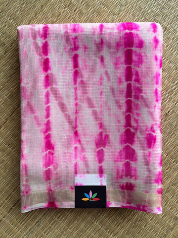 Off White & Bright Pink Shibori Printed Kota Silk Saree- 30722