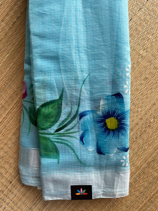 Sky Blue Floral Print Blended Kota Saree - 30747