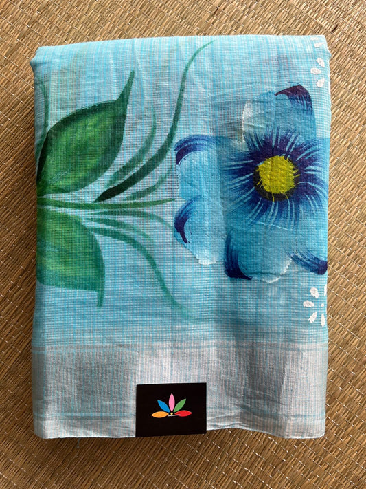 Sky Blue Floral Print Blended Kota Saree - 30747