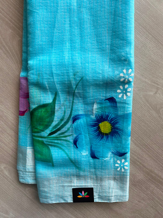 Sky Blue Floral Print Blended Kota Saree - 30747