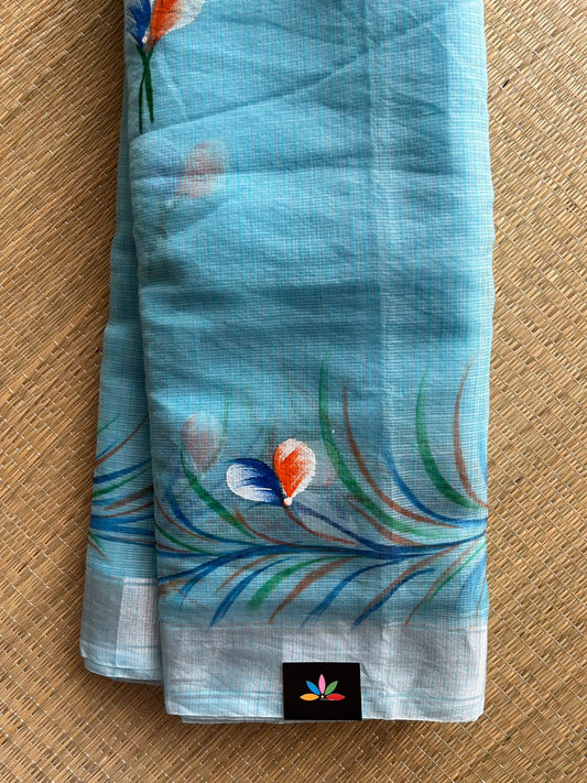 Sky Blue Floral Print Blended Kota Saree - 30751
