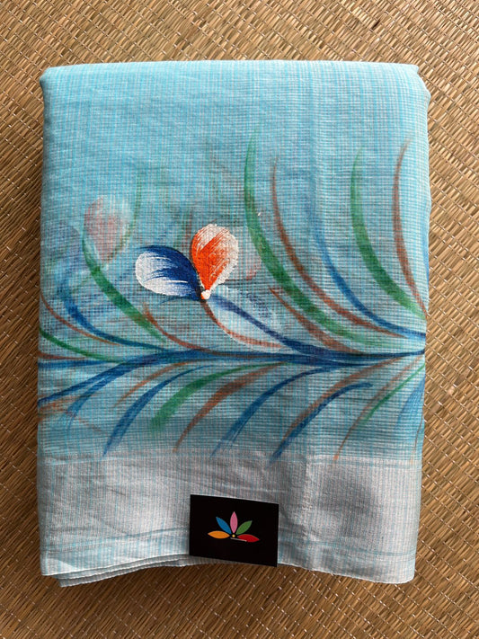 Sky Blue Floral Print Blended Kota Saree - 30751