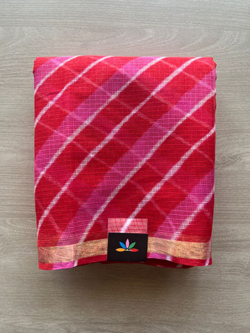 Cherry Red & Hot Pink with White Stripes Leheriya Kota Doria Saree- 31609