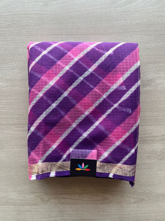 Purple & Hot Pink with White Stripes Leheriya Kota Doria Saree- 31611
