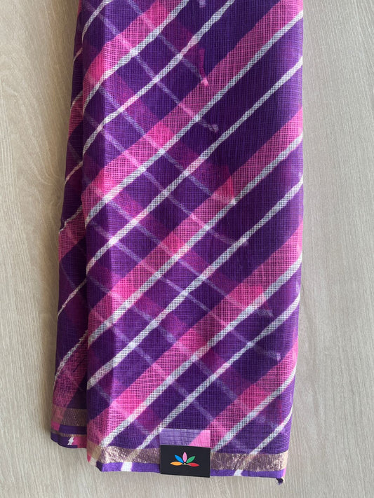 Purple & Hot Pink with White Stripes Leheriya Kota Doria Saree- 31611