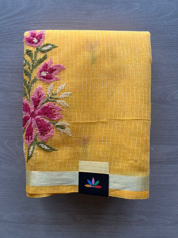 Mustard Yellow Machine Embroidered Blended Kota Saree - 31614