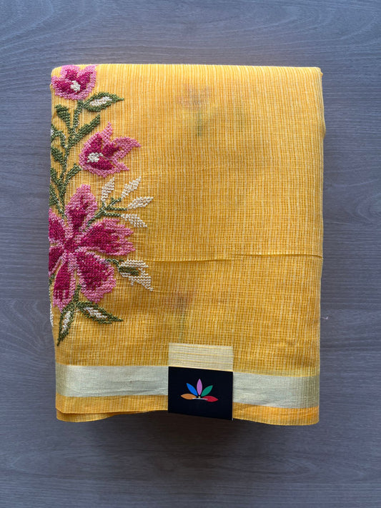 Mustard Yellow Machine Embroidered Blended Kota Saree - 31614