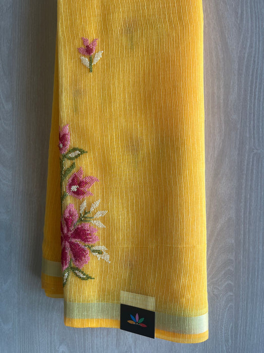 Mustard Yellow Machine Embroidered Blended Kota Saree - 31614