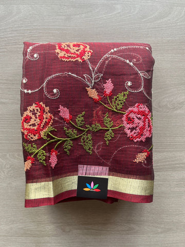 Dark Maroon Machine Embroidered Blended Kota Saree - 31620