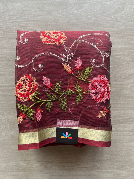 Dark Maroon Machine Embroidered Blended Kota Saree - 31620