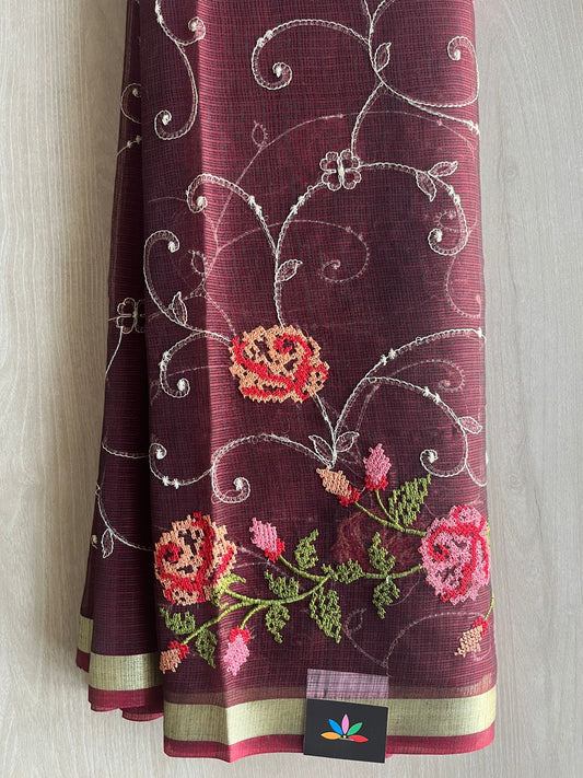 Dark Maroon Machine Embroidered Blended Kota Saree - 31620
