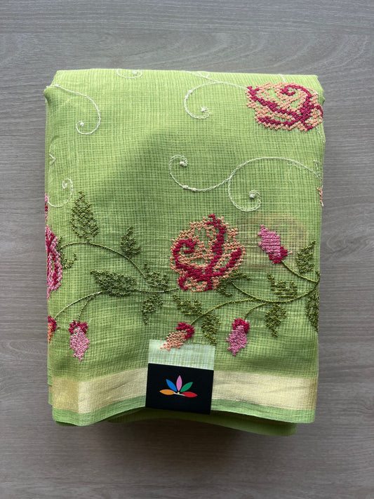 Parrot Green Machine Embroidered Blended Kota Saree - 31621