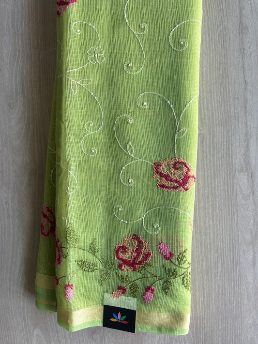 Parrot Green Machine Embroidered Blended Kota Saree - 31621
