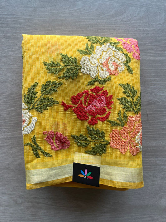 Bright Yellow Machine Embroidered Blended Kota Saree - 31622