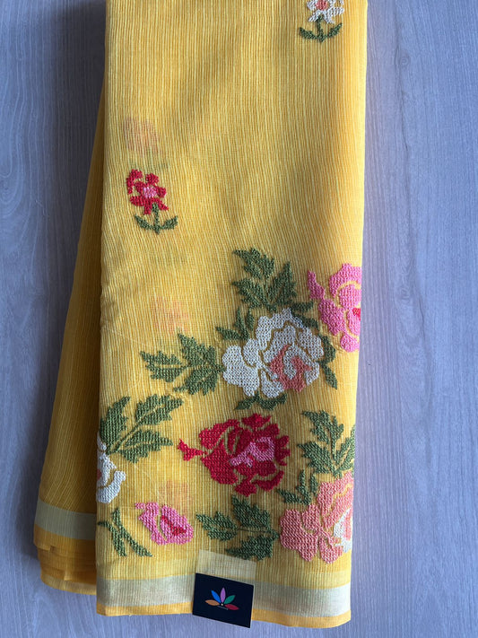 Bright Yellow Machine Embroidered Blended Kota Saree - 31622
