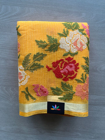 Mango Yellow Machine Embroidered Blended Kota Saree - 31624