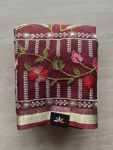 Dark Maroon Machine Embroidered Blended Kota Saree - 31625
