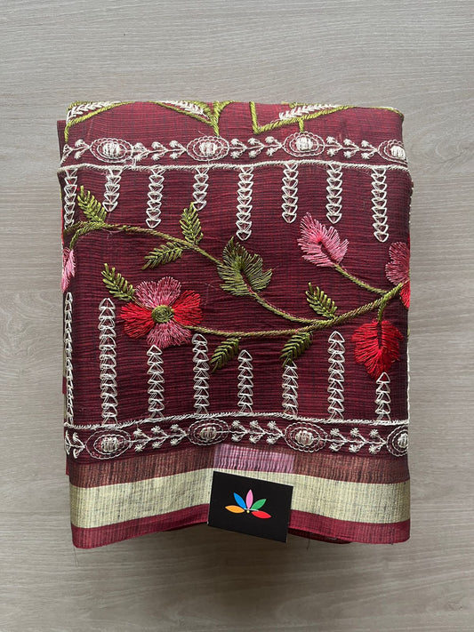 Dark Maroon Machine Embroidered Blended Kota Saree - 31625