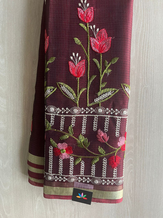 Dark Maroon Machine Embroidered Blended Kota Saree - 31625