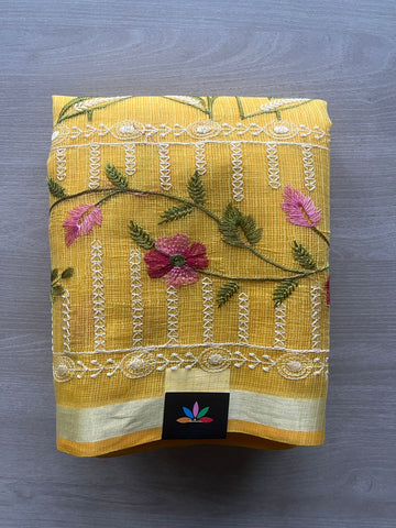 Mustard Yellow Machine Embroidered Blended Kota Saree - 31627