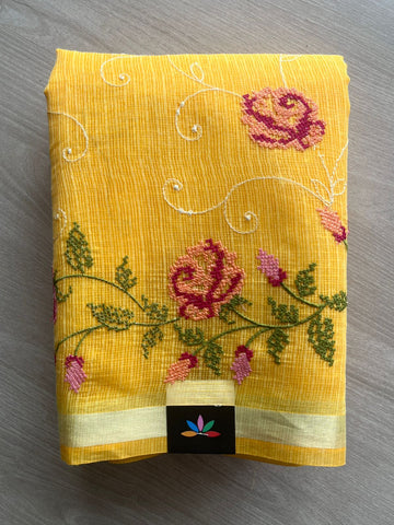 Mustard Yellow Machine Embroidered Blended Kota Saree - 31630