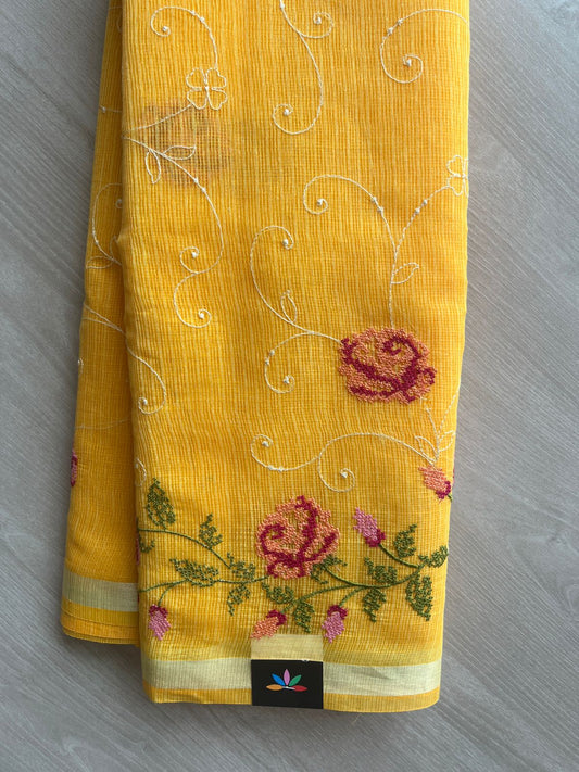 Mustard Yellow Machine Embroidered Blended Kota Saree - 31630