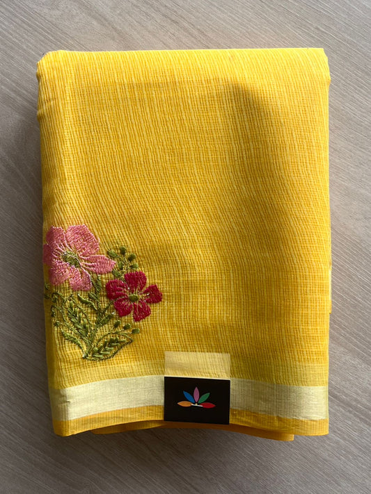 Mustard Yellow Machine Embroidered Blended Kota Saree - 31632
