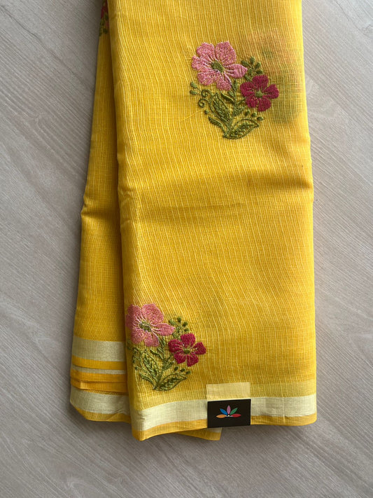 Mustard Yellow Machine Embroidered Blended Kota Saree - 31632