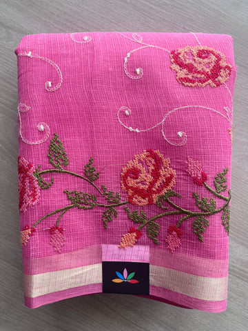 Franch Pink Machine Embroidered Blended Kota Saree - 31637
