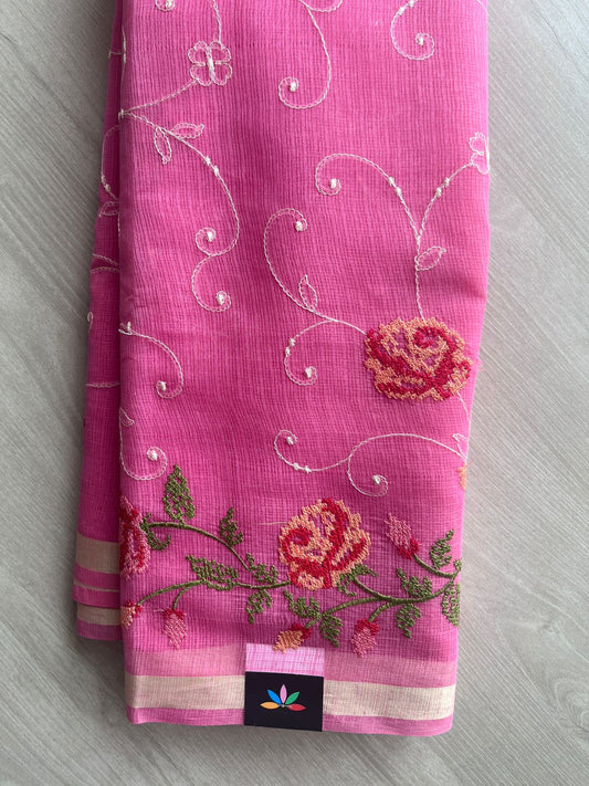 Franch Pink Machine Embroidered Blended Kota Saree - 31637