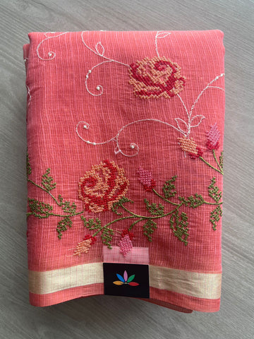 Peachy Pink Machine Embroidered Blended Kota Saree - 31639